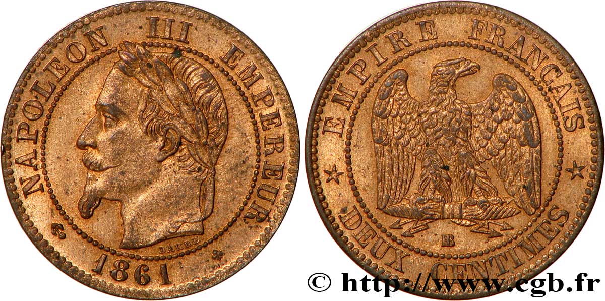 Deux centimes Napoléon III, tête laurée 1861 Strasbourg F.108A/2 SUP62 