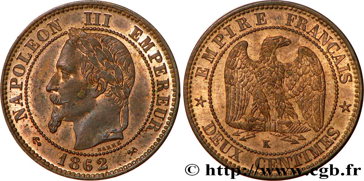 Deux centimes Napoléon III, tête laurée 1862 Bordeaux F.108A/7 SUP62 