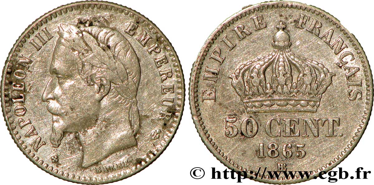 50 centimes Napoléon III, tête laurée 1865 Strasbourg F.188/7 MBC40 