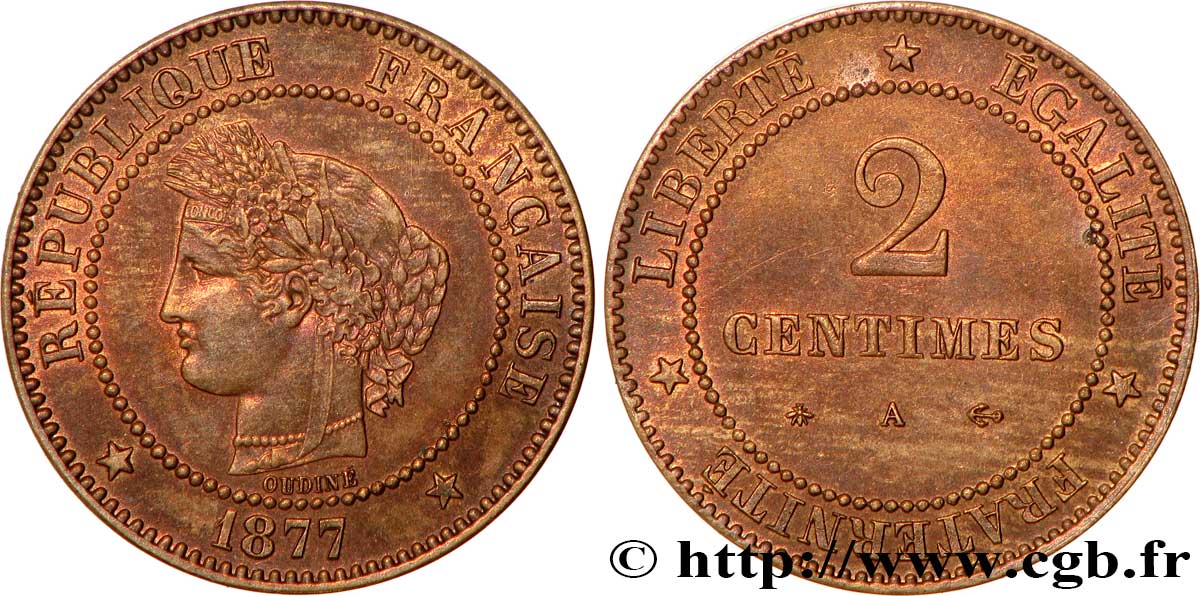 2 centimes Cérès 1877 Paris F.109/2 EBC60 