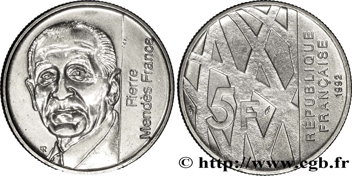 5 francs Mendès-France 1992  F.343/2 SUP55 