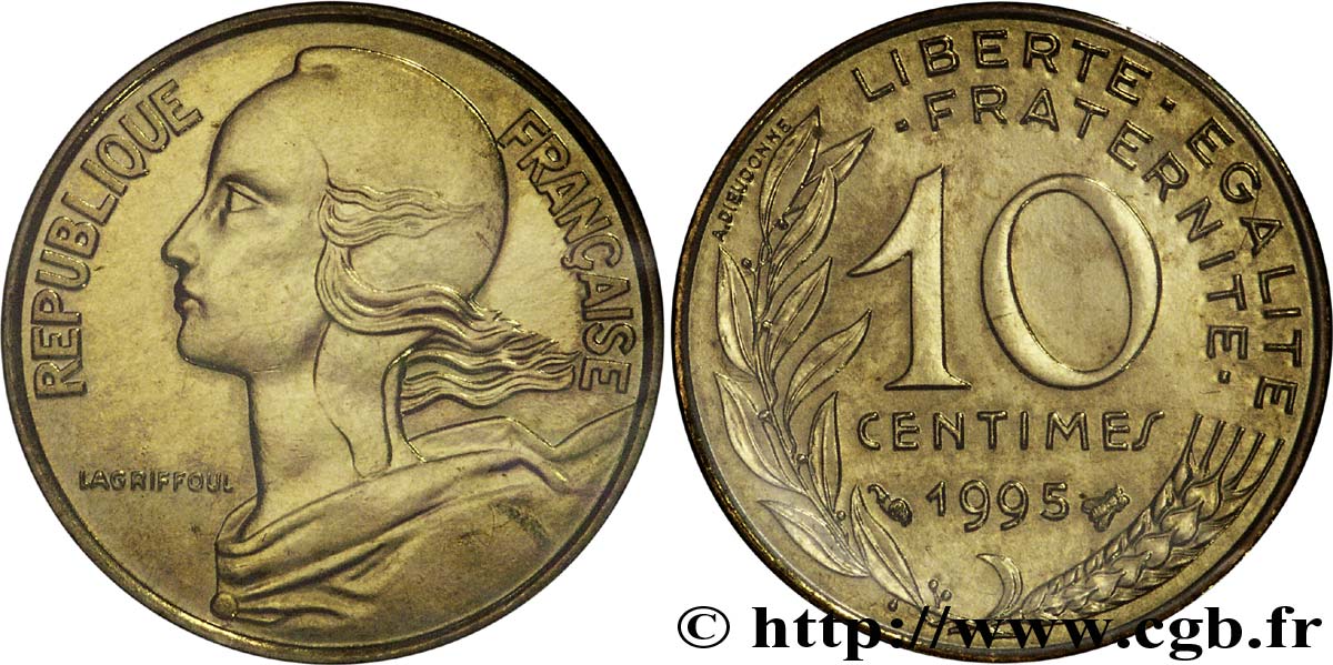 10 centimes Marianne, BU (Brillant Universel) 1995 Pessac F.144/39 AU58 