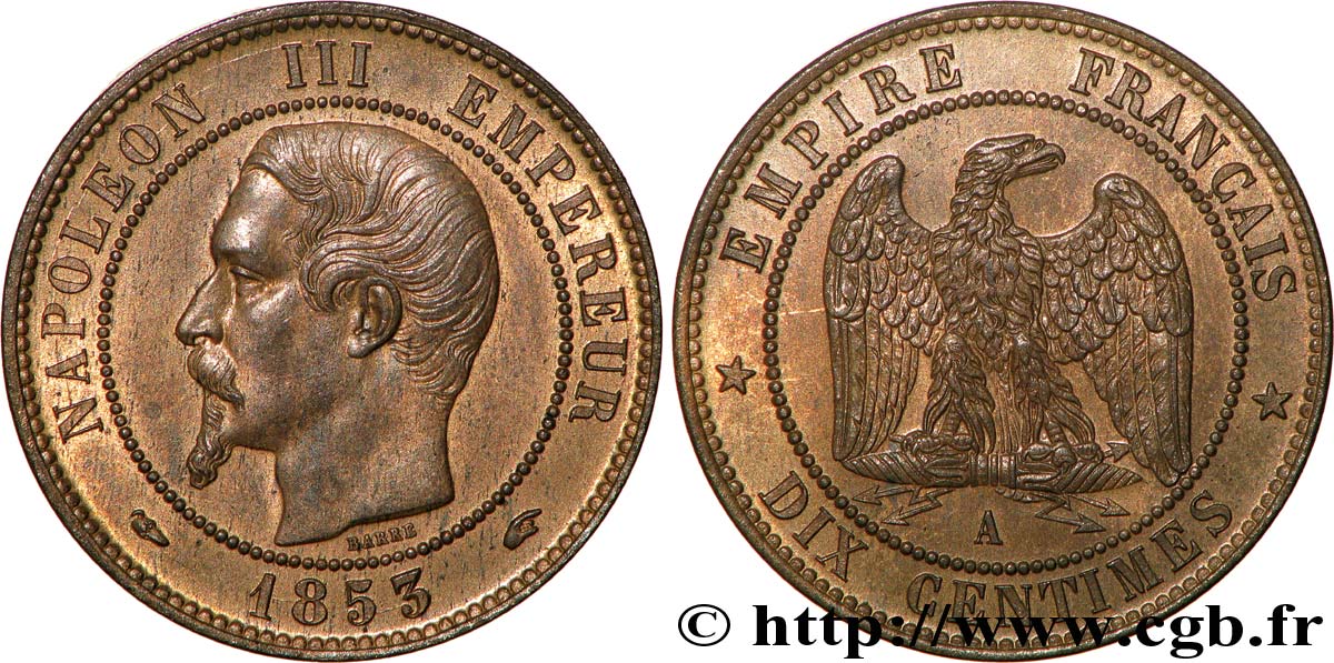 Dix centimes Napoléon III, tête nue 1853 Paris F.133/2 SUP62 