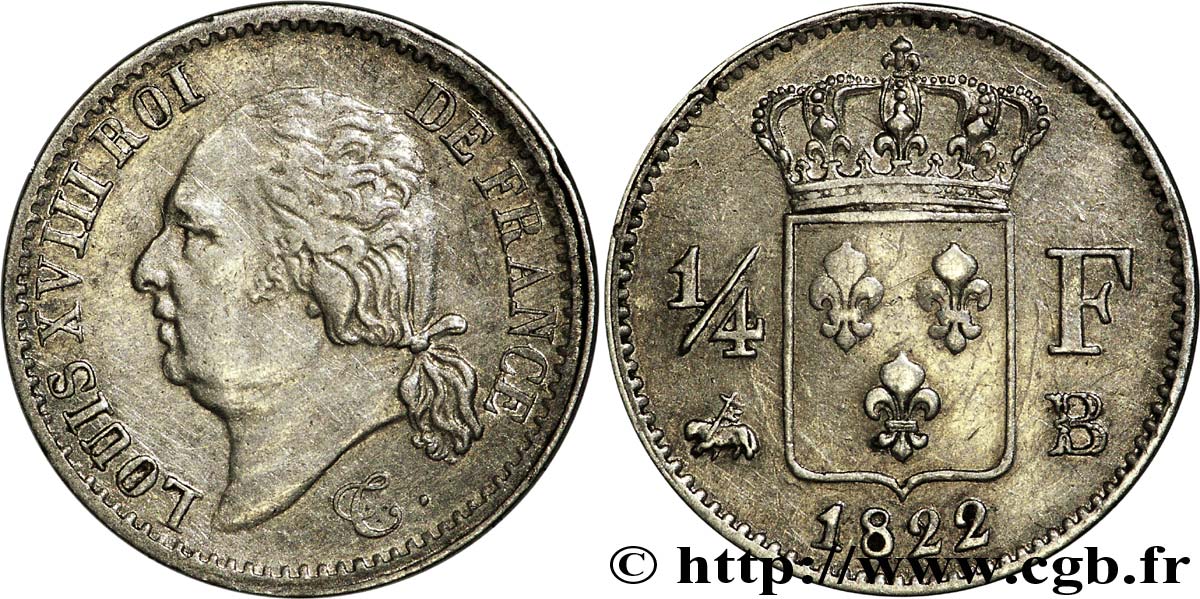 1/4 franc Louis XVIII 1822 Rouen F.163/22 TTB40 