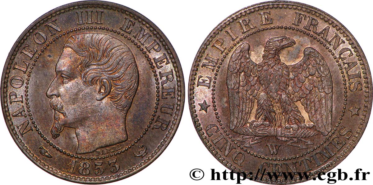 Cinq centimes Napoléon III, tête nue 1853 Lille F.116/7 EBC62 
