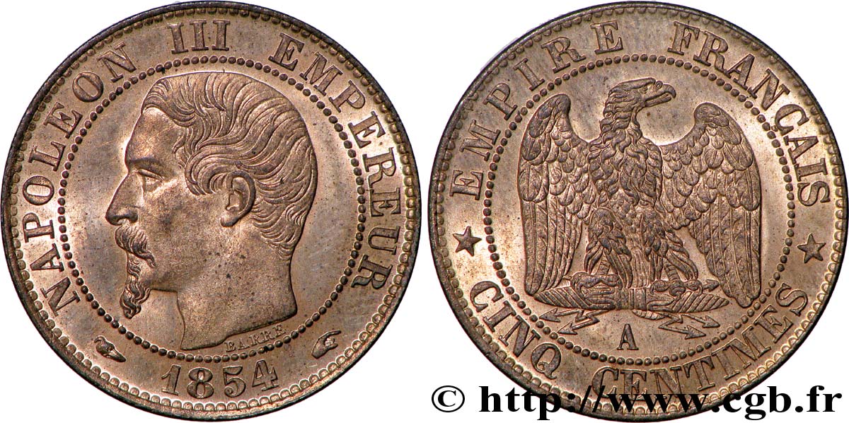 Cinq centimes Napoléon III, tête nue 1854 Paris F.116/8 SPL63 