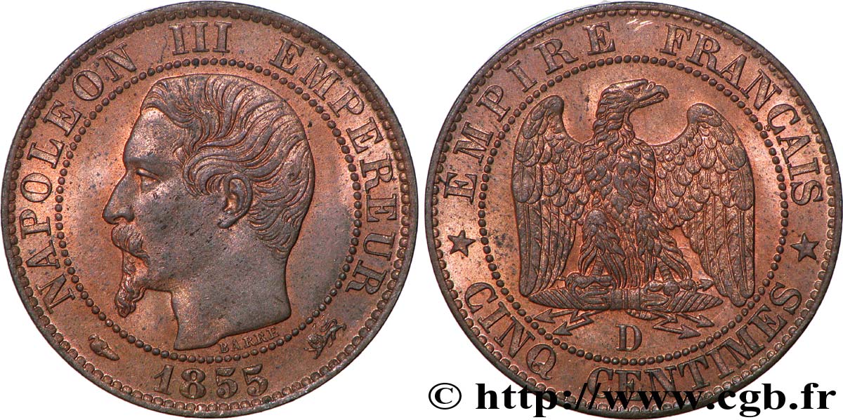 Cinq centimes Napoléon III, tête nue, différent levrette 1855 Lyon F.116/22 SUP62 