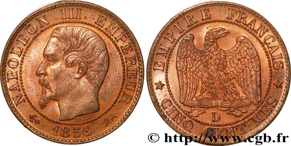 Cinq centimes Napoléon III, tête nue 1856 Lyon F.116/33 fST63 