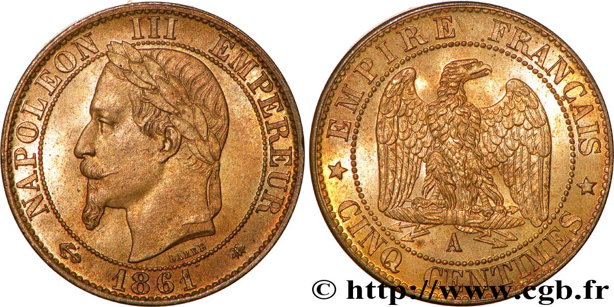Cinq centimes Napoléon III, tête laurée 1861 Paris F.117/4 MS65 