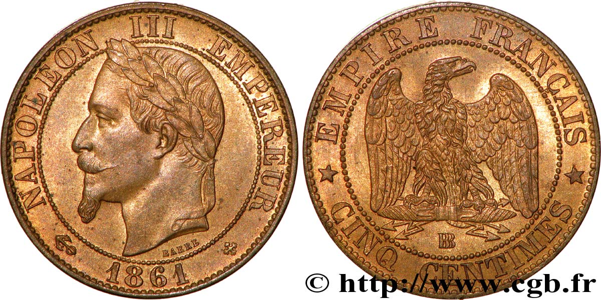 Cinq centimes Napoléon III, tête laurée 1861 Strasbourg F.117/5 EBC62 