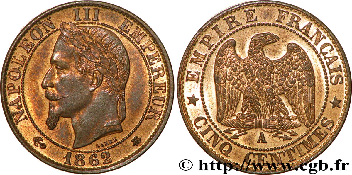 Cinq centimes Napoléon III, tête laurée 1862 Paris F.117/7 VZ60 