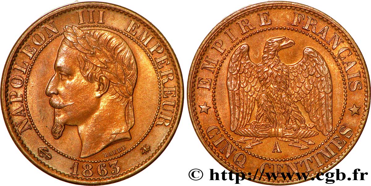 Cinq centimes Napoléon III, tête laurée 1863 Paris F.117/10 MS60 