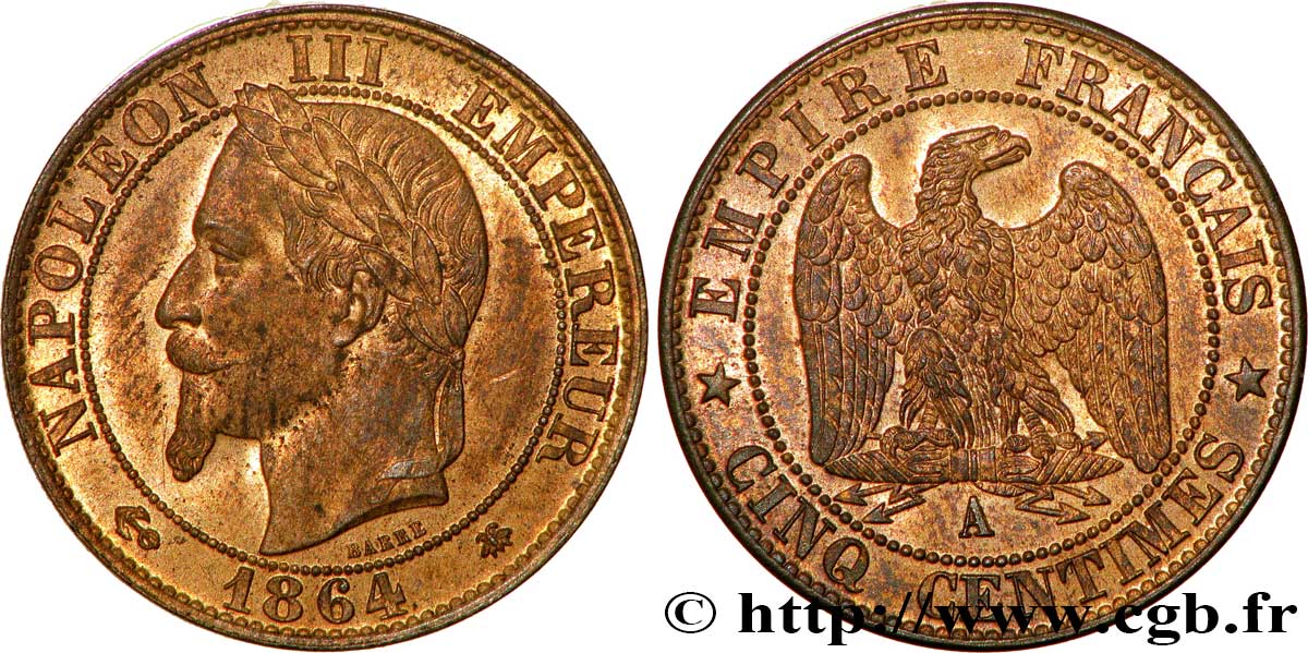 Cinq centimes Napoléon III, tête laurée 1864 Paris F.117/13 SUP60 