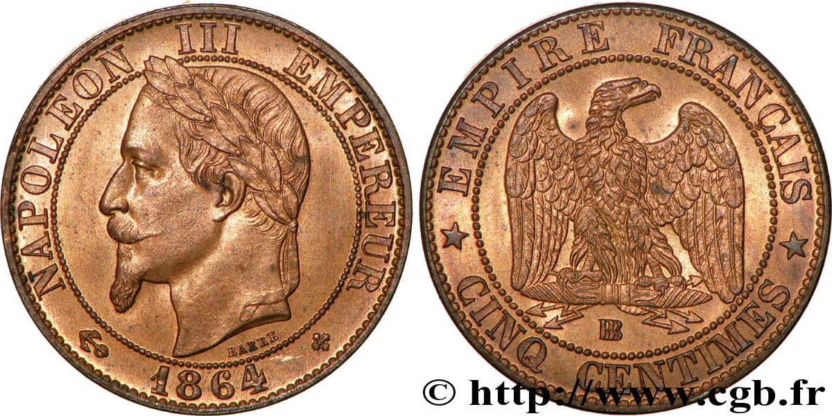 Cinq centimes Napoléon III, tête laurée 1864 Strasbourg F.117/14 fST64 