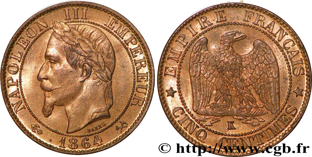 Cinq centimes Napoléon III, tête laurée 1864 Bordeaux F.117/15 MS63 