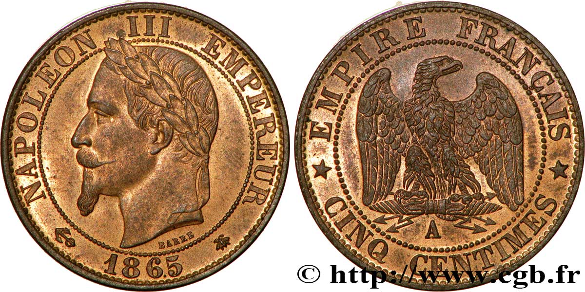 Cinq centimes Napoléon III, tête laurée 1865 Paris F.117/16 EBC62 