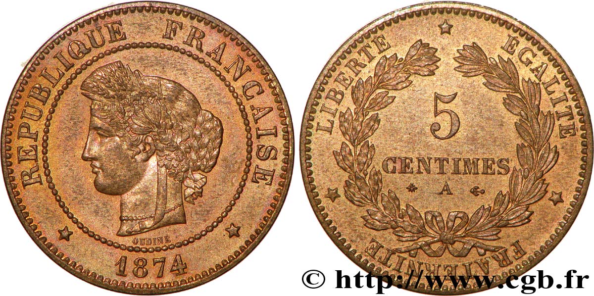 5 centimes Cérès 1874 Paris F.118/9 EBC62 