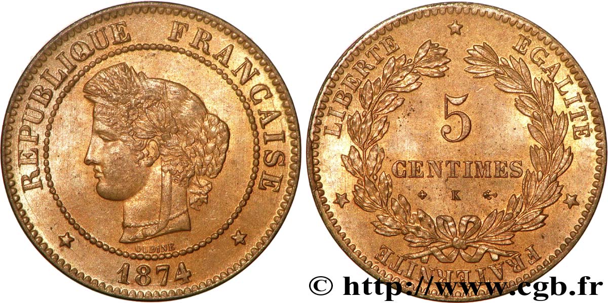 5 centimes Cérès 1874 Bordeaux F.118/10 FDC65 