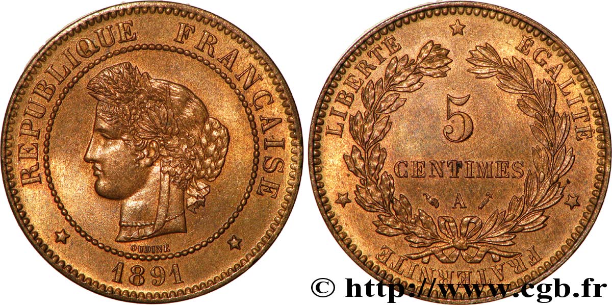 5 centimes Cérès 1891 Paris F.118/33 MS63 