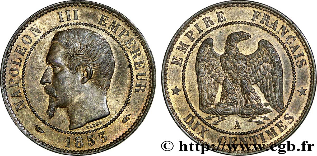 Dix centimes Napoléon III, tête nue 1853 Paris F.133/2 SUP60 