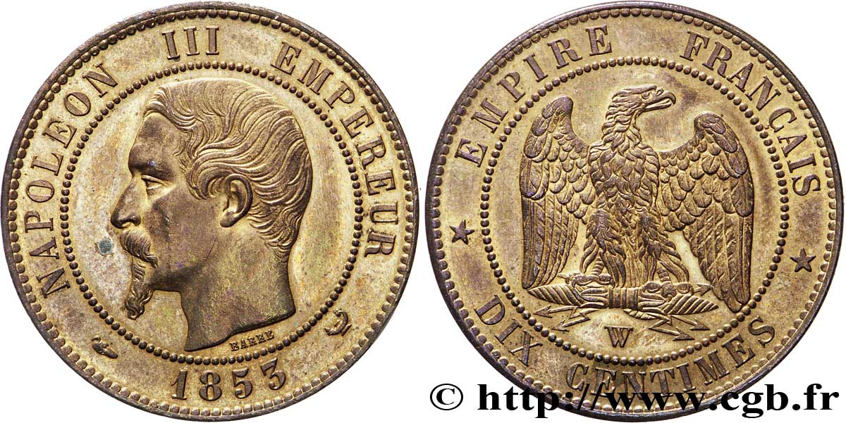 Dix centimes Napoléon III, tête nue 1853 Lille F.133/10 MS60 