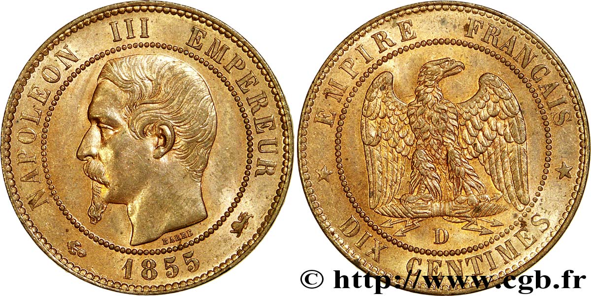 Dix centimes Napoléon III, tête nue, différent ancre 1855 Lyon F.133/26 SUP62 