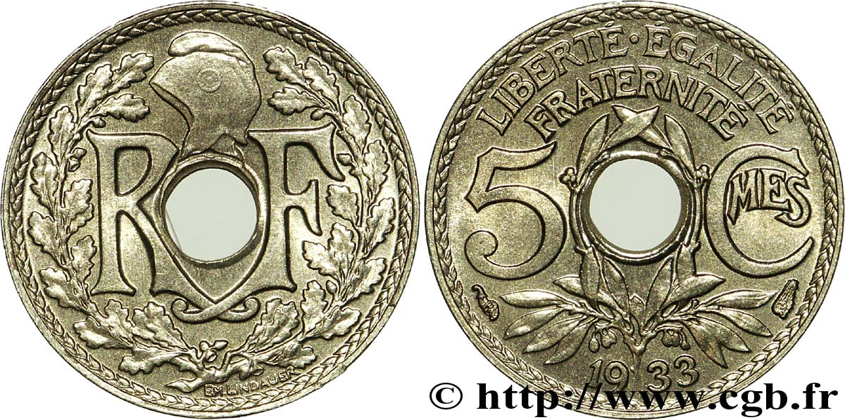 5 centimes Lindauer, petit module 1933  F.122/16 fST64 