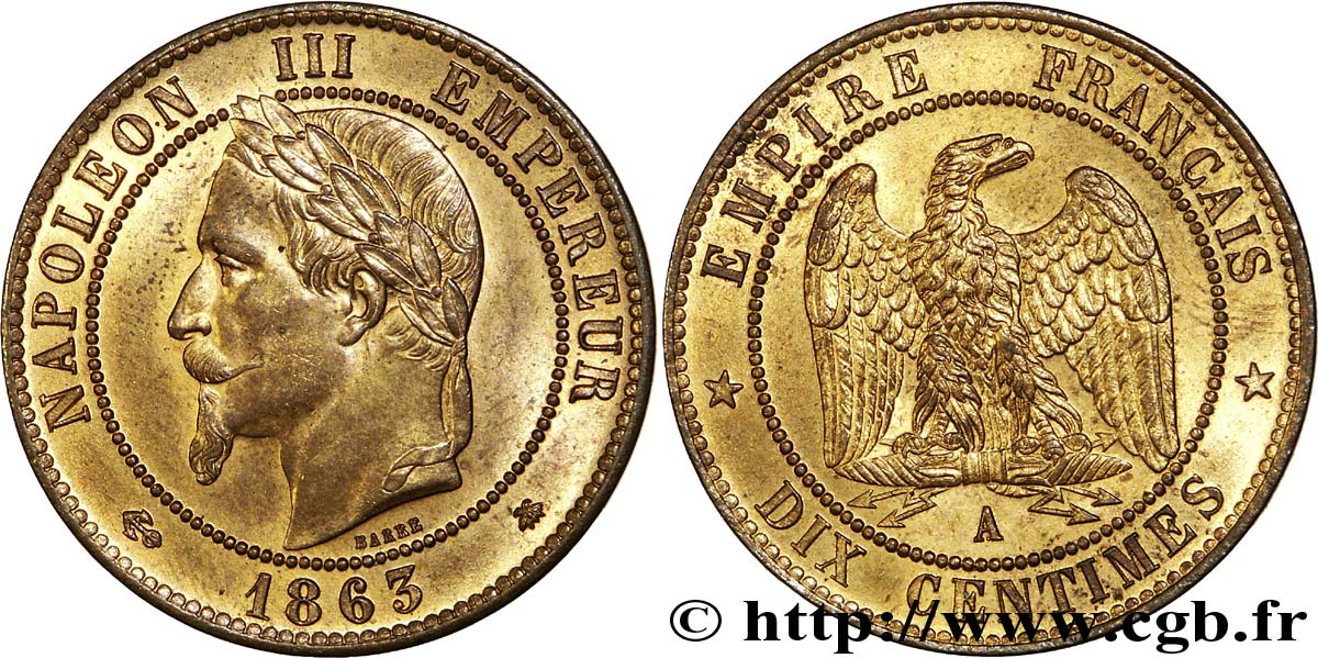 Dix centimes Napoléon III, tête laurée 1863 Paris F.134/10 SUP62 