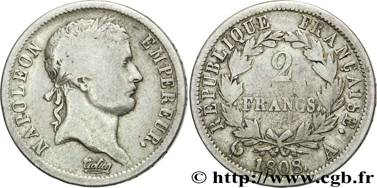 2 francs Napoléon Ier tête laurée, République française 1808 Paris F.254/4 F15 