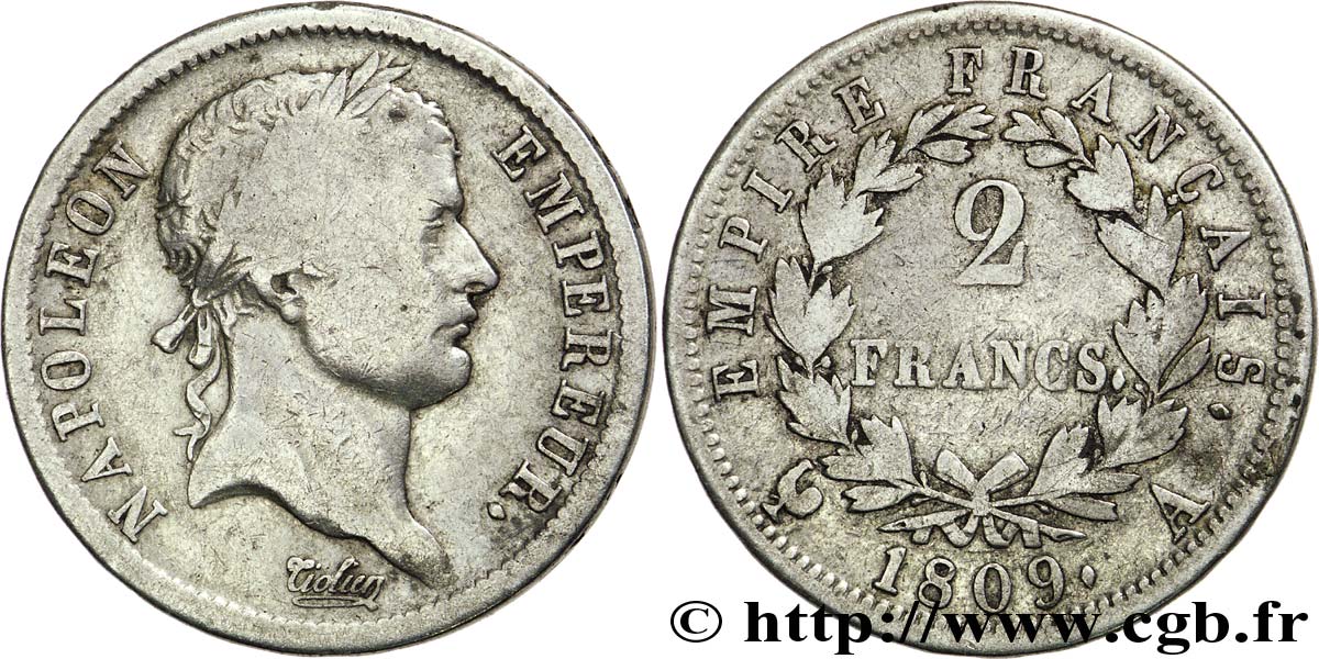 2 francs Napoléon Ier tête laurée, Empire français 1809 Paris F.255/1 VF25 