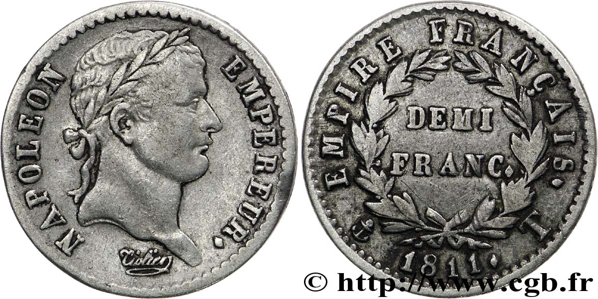 Demi-franc Napoléon Ier tête laurée, Empire français 1811 Nantes F.178/32 XF40 