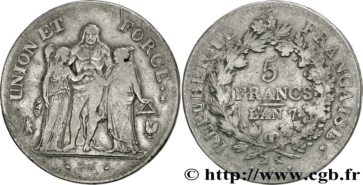 5 francs Union et Force, Union serré, avec glands intérieurs et gland extérieur 1799 Paris F.288/95 BC25 
