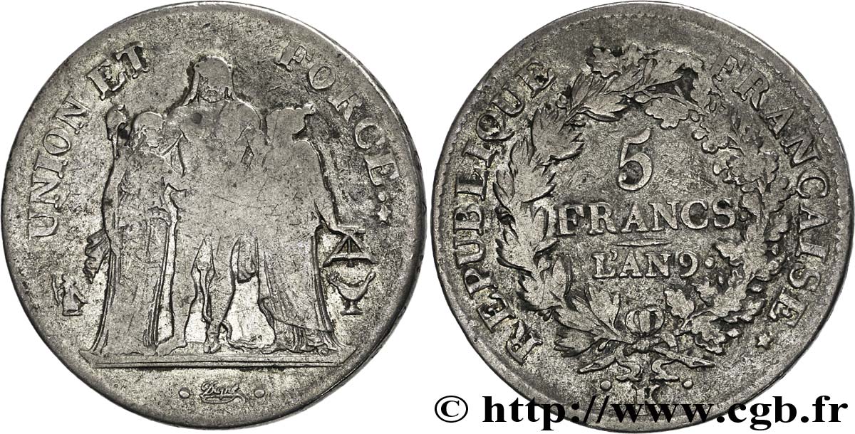 5 francs Union et Force, Union serré, avec glands intérieurs et gland extérieur 1801 Bordeaux F.288/159 TB18 