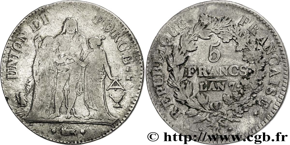 5 francs Union et Force, Union serré, seulement gland extérieur, petite feuille 1799 Bordeaux F.288/109 BC25 