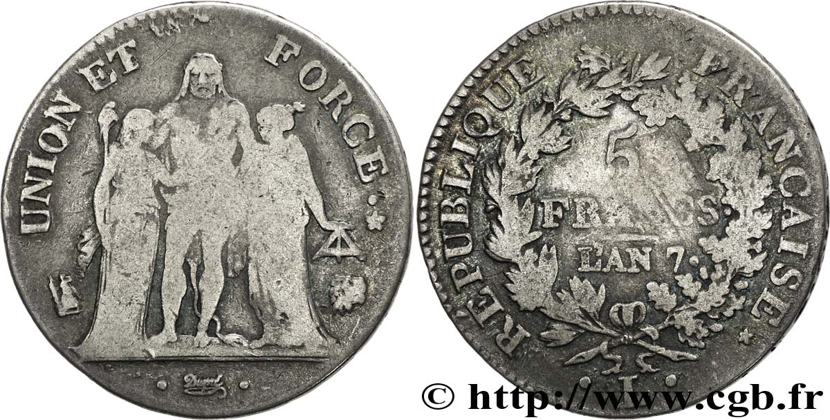 5 francs Union et Force, Union serré, seulement gland extérieur, petite feuille 1799 Bayonne F.288/117 VF22 