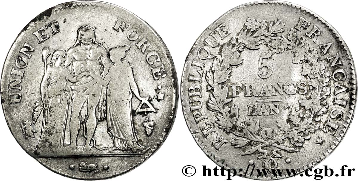 5 francs Union et Force, Union serré, seulement gland extérieur, petite feuille 1799 Perpignan F.288/122 VF25 