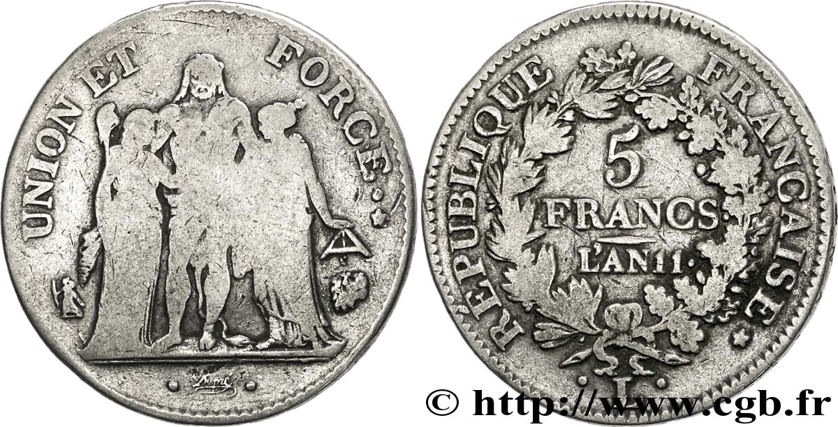 5 francs Union et Force, Union serré, seulement glands intérieurs 1803 Bayonne F.288/194 F15 