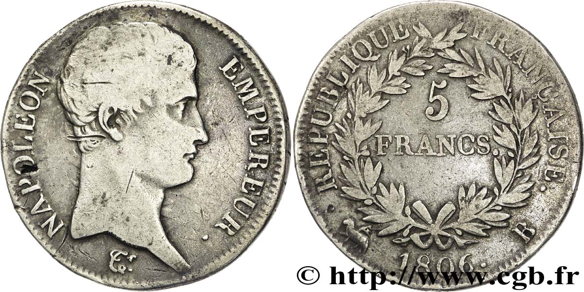 5 francs Napoléon Empereur, Calendrier grégorien 1806 Rouen F.304/2 VF35 