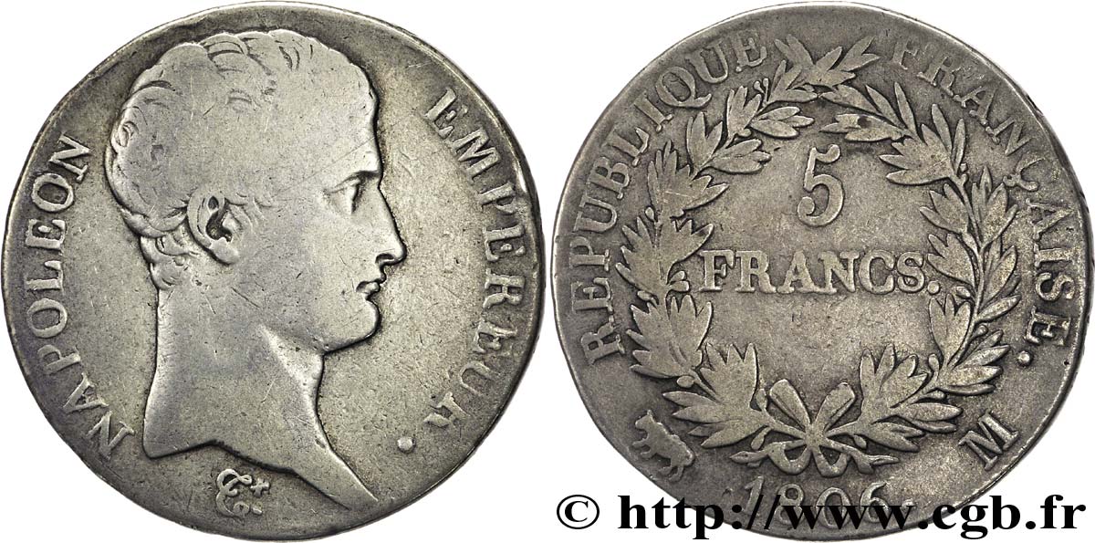 5 francs Napoléon Empereur, Calendrier grégorien 1806 Toulouse F.304/8 TB18 