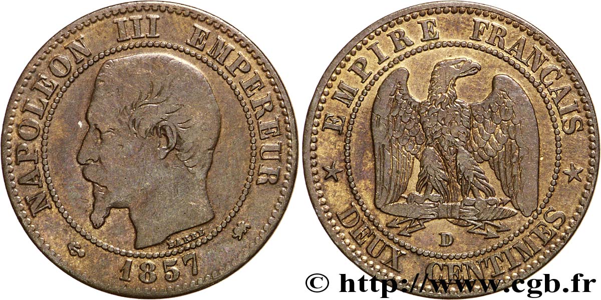 Deux centimes Napoléon III, tête nue, petit D et petit lion 1857 Lyon F.107/48 TB30 