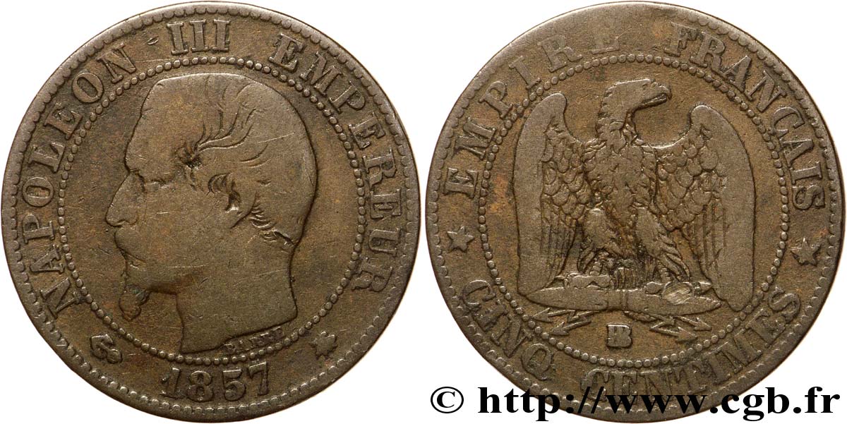 Cinq centimes Napoléon III, tête nue 1857 Strasbourg F.116/39 MB20 