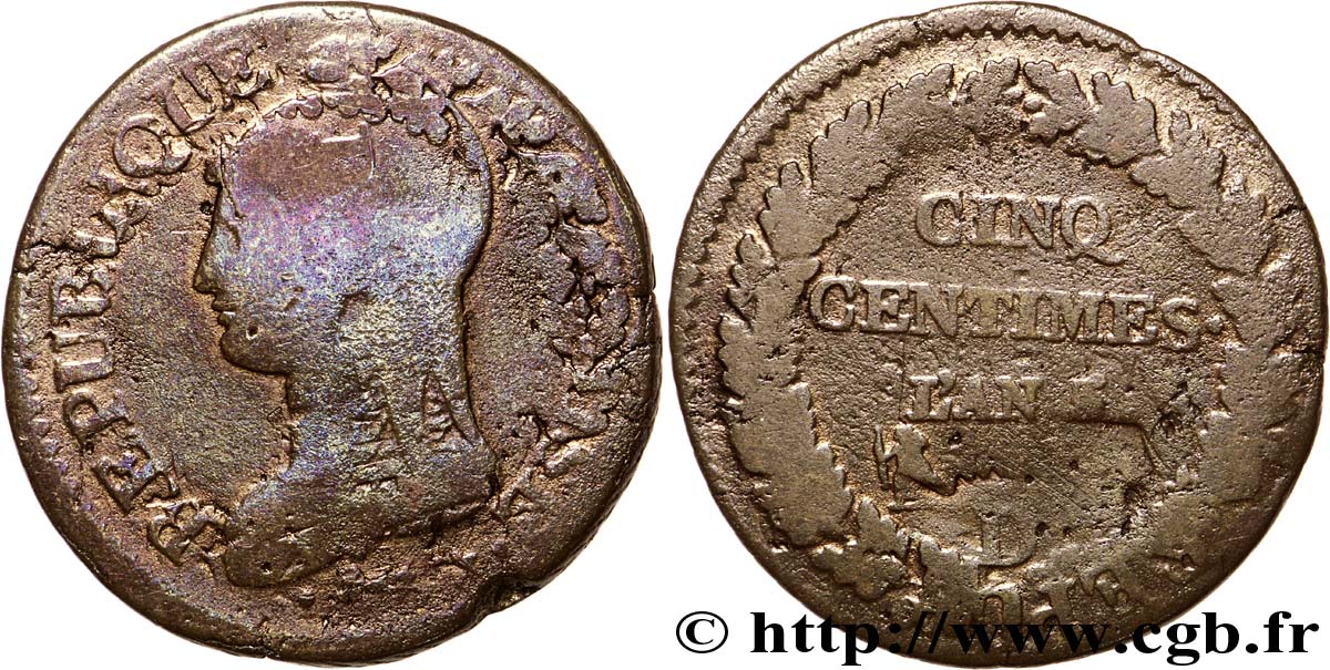 Cinq centimes Dupré, grand module,  refrappage  du décime 1797 Lyon F.114/7 B12 