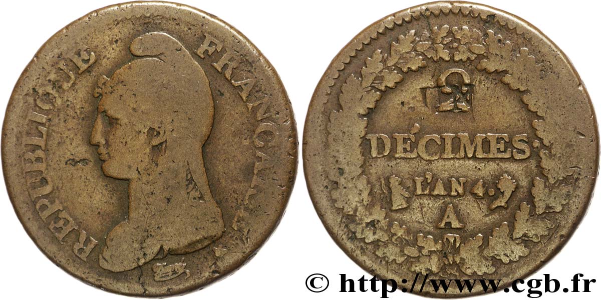 Un décime Dupré, modification du 2 décimes 1796 Paris F.127/1 VF20 
