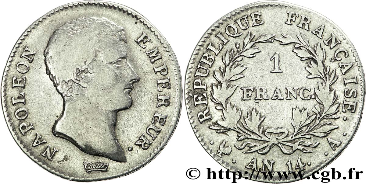 1 franc Napoléon Empereur, Calendrier révolutionnaire 1805 Paris F.201/29 TB30 