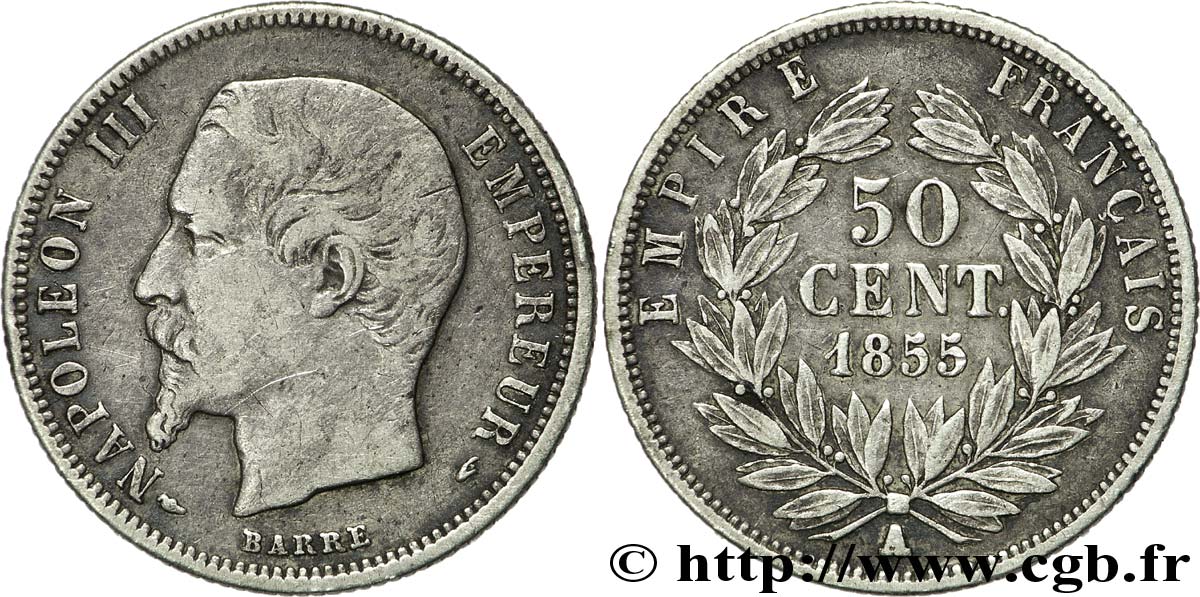50 centimes Napoléon III, tête nue 1855 Paris F.187/3 TB30 