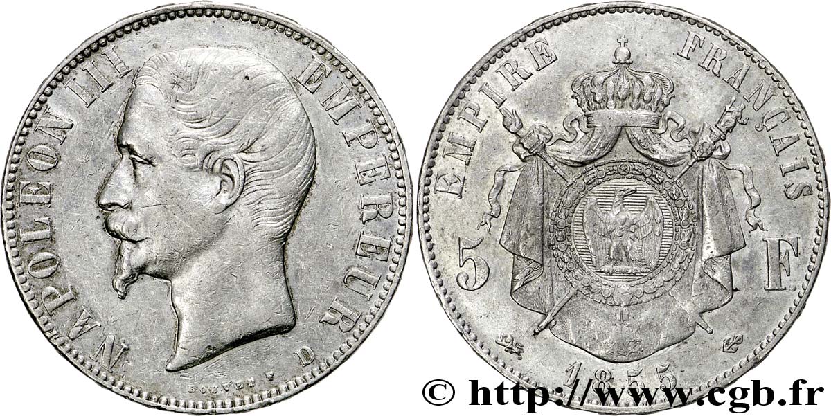 5 francs Napoléon III, tête nue 1855 Lyon F.330/5 XF40 