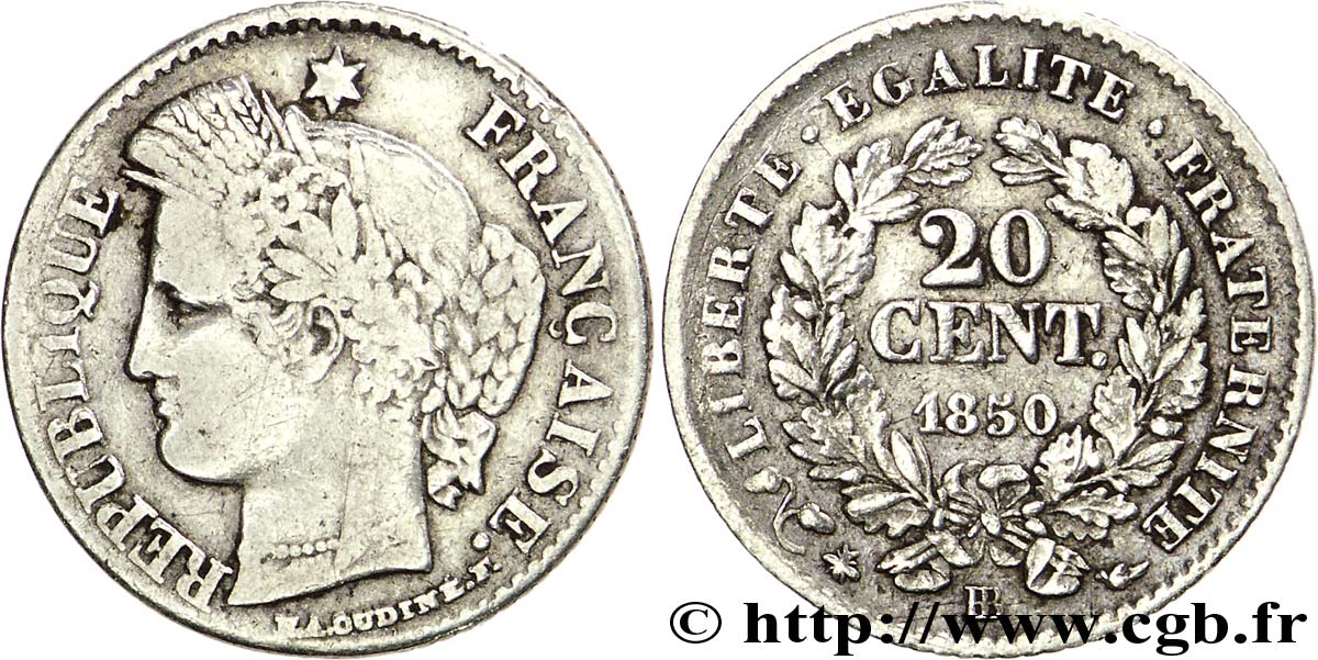 20 centimes Cérès, IIe République 1850 Strasbourg F.146/4 VF20 