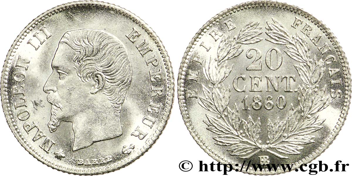 20 centimes Napoléon III, tête nue 1860 Strasbourg F.148/16 SUP62 