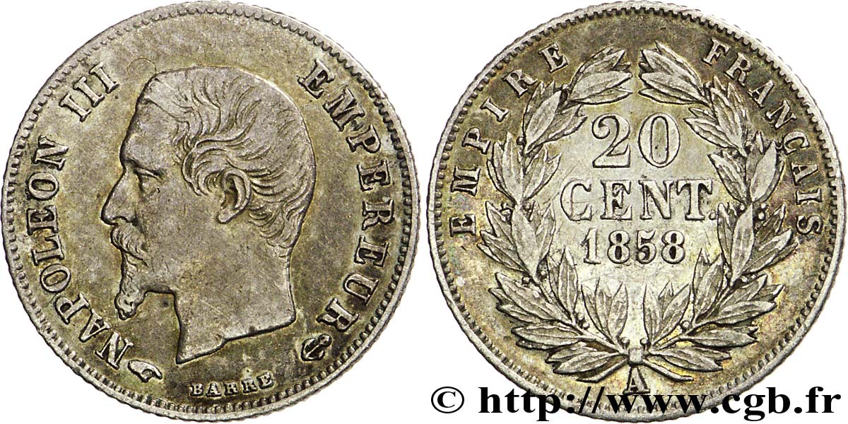 20 centimes Napoléon III, tête nue 1858 Paris F.148/11 XF40 