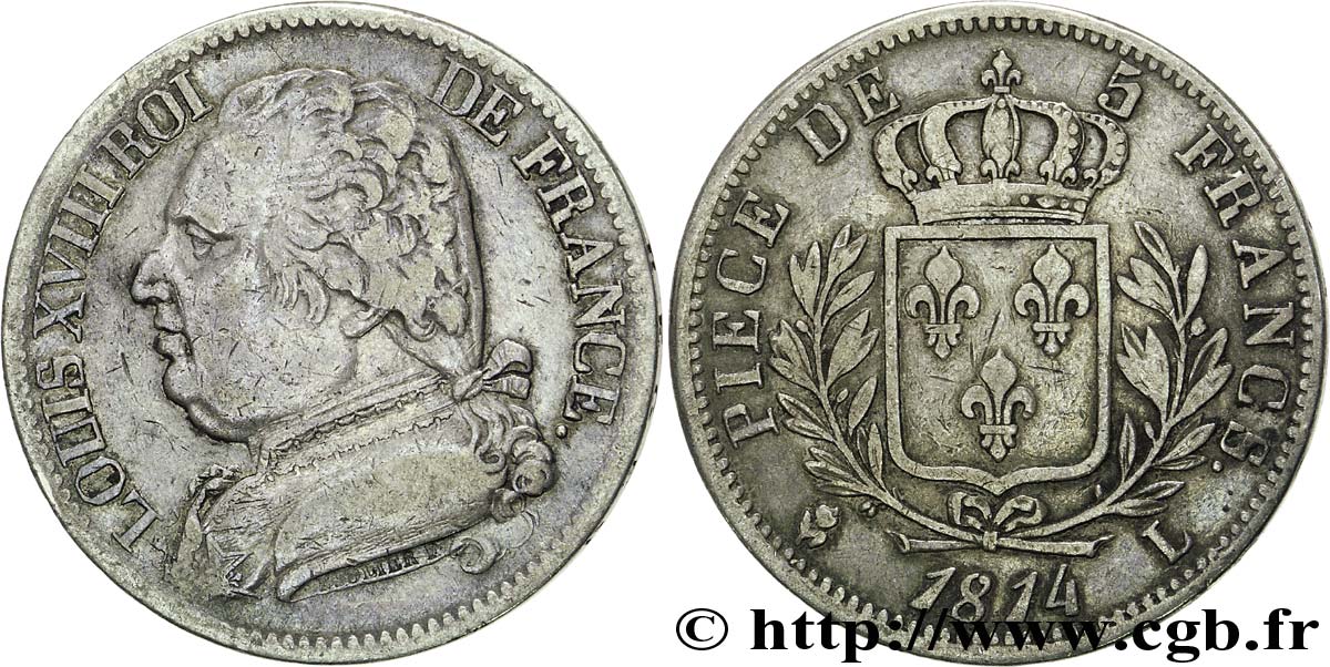 5 francs Louis XVIII, buste habillé 1814 Bayonne F.308/8 XF45 